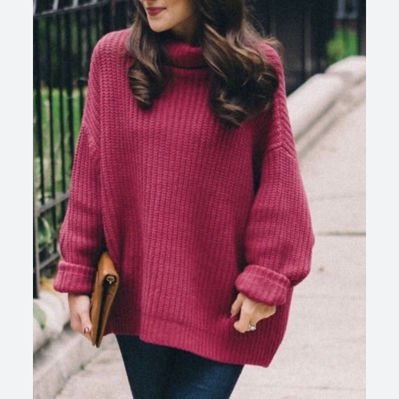 Free People Sweaters - Free People Swim Too deep oversized turtleneck knit sweater size small fuchsia